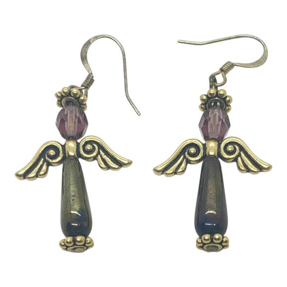 Vintage Angel Earrings Gold Tone Purple Bead Body Wings Handmade dangle long - Picture 1 of 6